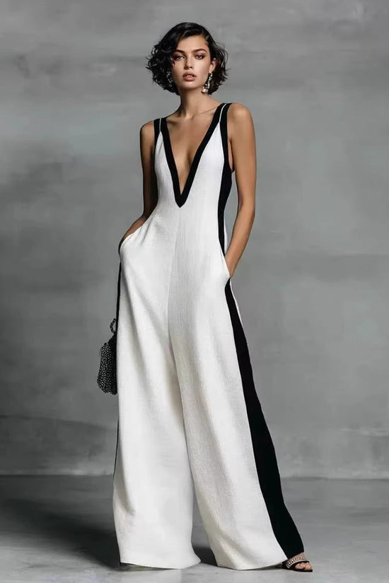 Fashion Color-block Sleeveless V-neck Wide-leg Jumpsuit for Women 