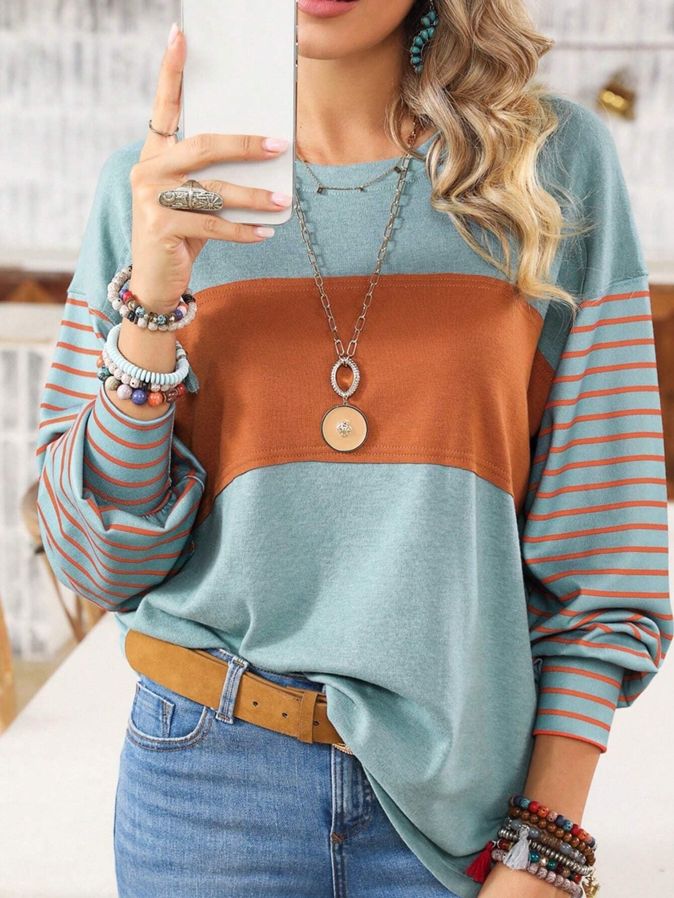 Women's casual color-blocked striped long sleeve round neck pullover t-shirt 