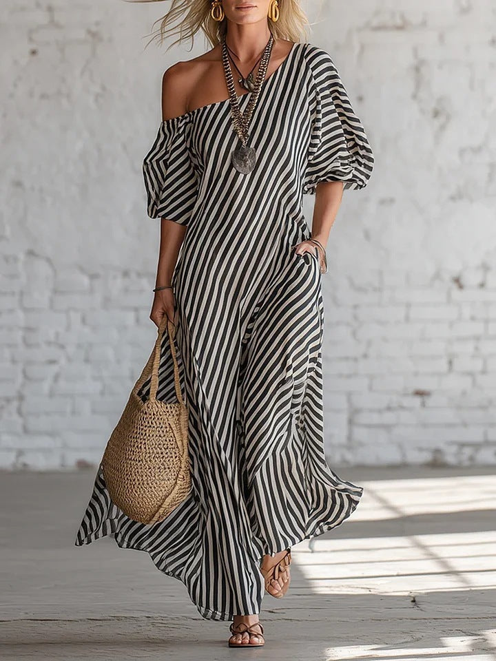 Womens Striped Off-shoulder Dress 