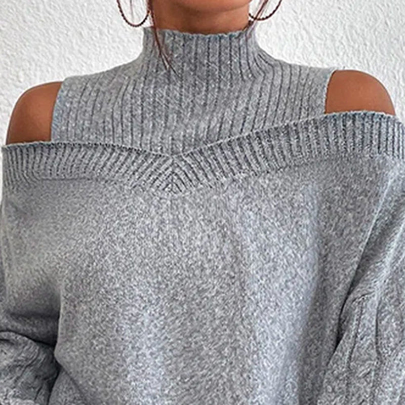 Women's Cold Shoulder Sweater - Sexy High Neck Cut Out Pullover Long Sleeve Top 