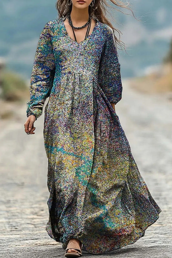 Personalized Retro Chic V-Neck Long-Sleeve Dress 