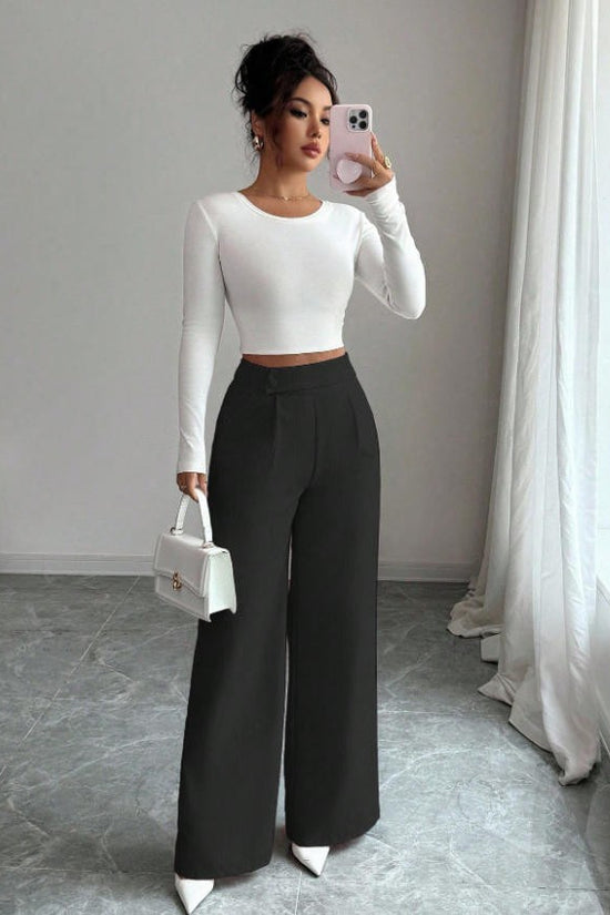 Womens Solid-color Casual All-match Long Pants With A Waist Panel Seam 