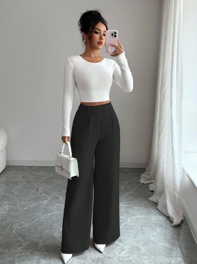 Womens Solid-color Casual All-match Long Pants With A Waist Panel Seam 