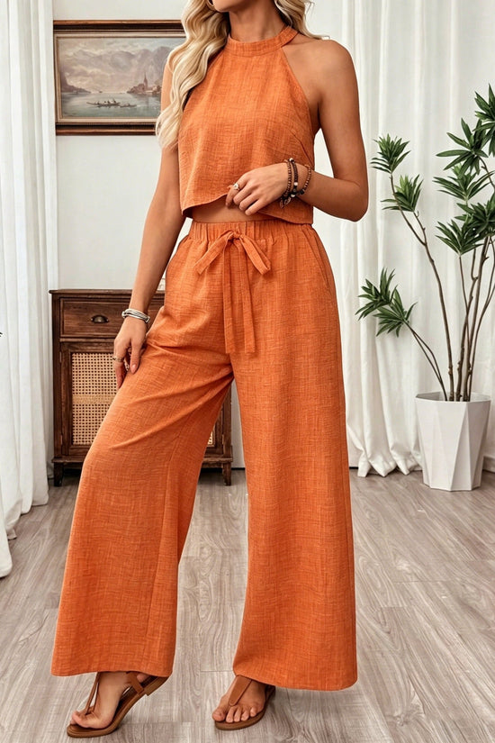 Neck-hanging Sleeveless Cropped Top And Wide-leg Pants Set 