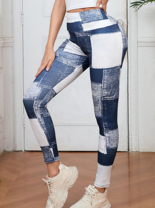 Denim-like Plaid Peach Print High-Waisted Tummy Control Slim Fit Yoga Fitness Pants 