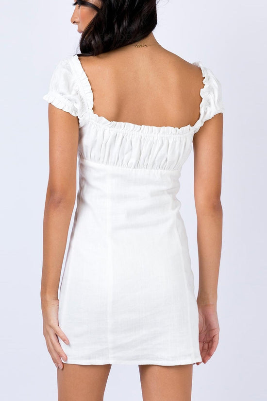 New Cotton-Linen Single-Breasted Off-Shoulder Lace-Up Puff-Sleeve Sheath Dress 