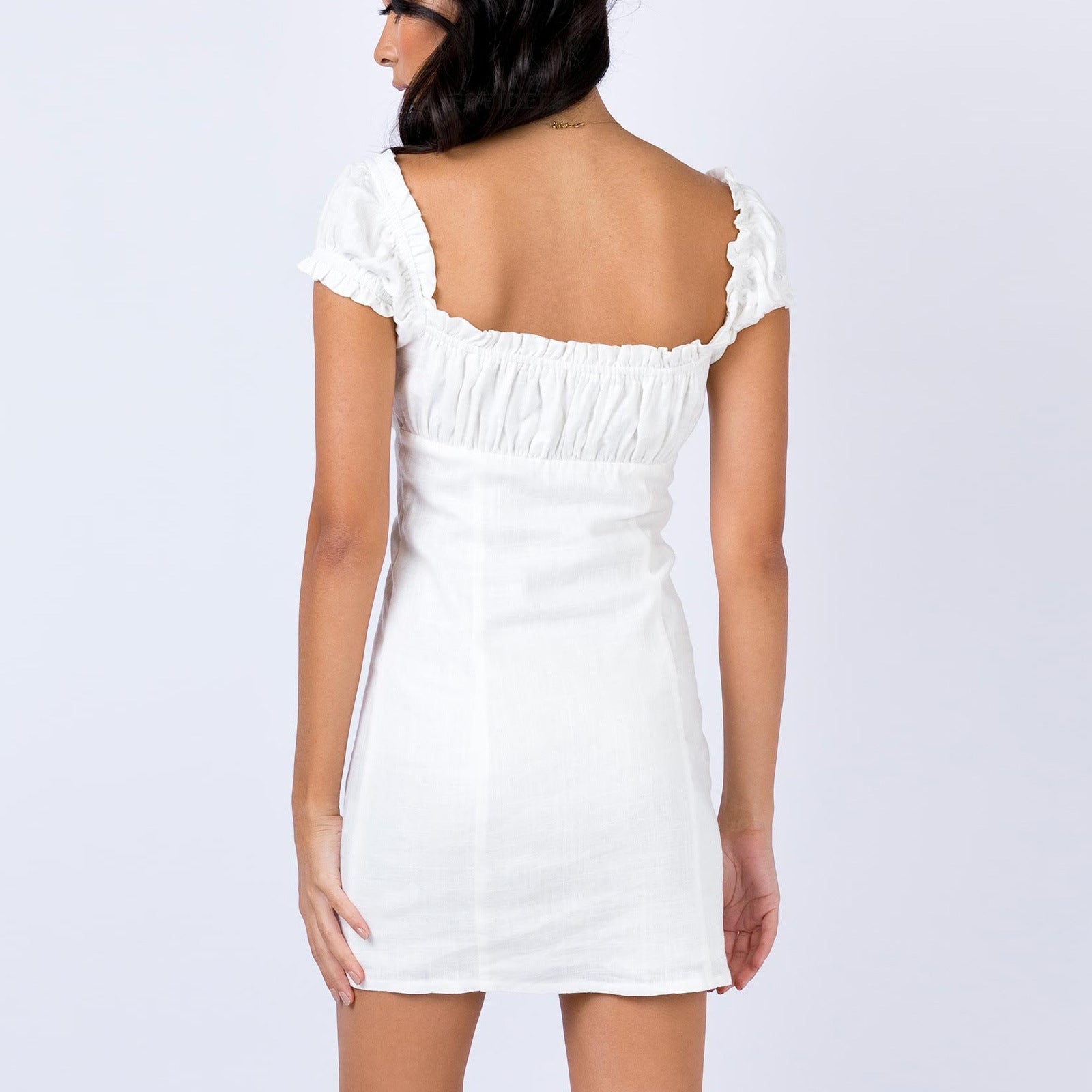 New Cotton-Linen Single-Breasted Off-Shoulder Lace-Up Puff-Sleeve Sheath Dress 