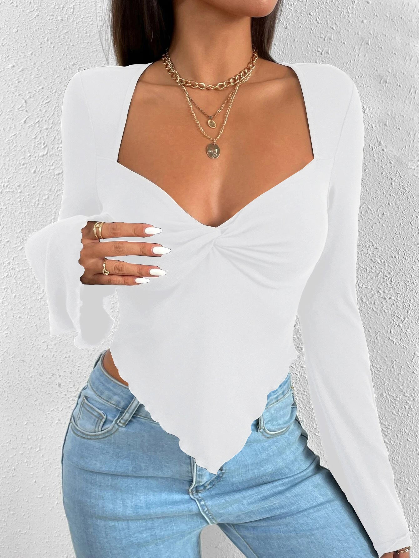 Ladies' elegant style T-shirt for spring and summer new style, slim fit short cut with slanted collar, solid color top 