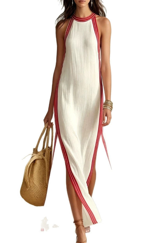 Style Stripe Split Sleeveless Vacation Casual Dress 