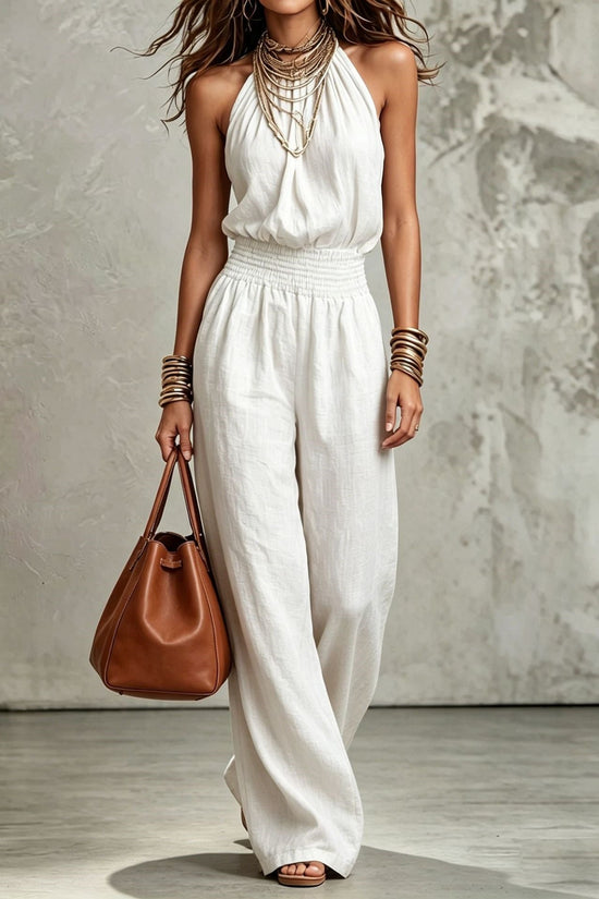 Womens Sleeveless Backless Cinched Waist Lace-up Halter Wide-leg Jumpsuit 