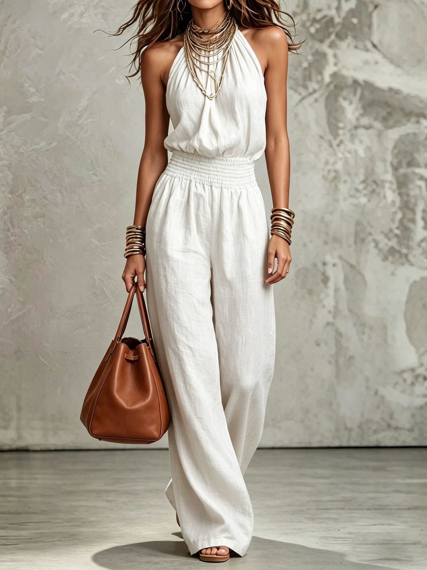 Womens Sleeveless Backless Cinched Waist Lace-up Halter Wide-leg Jumpsuit 