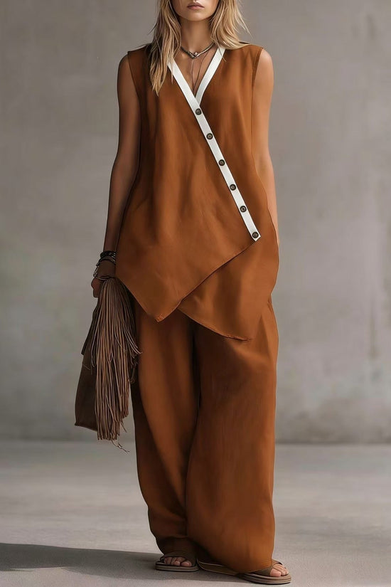 Bohemian Solid-Colored V-Neck Irregular-Button Vest And Wide-Leg Pants Set 