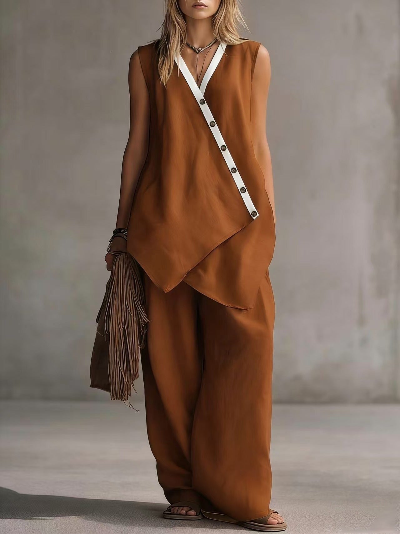 Bohemian Solid-Colored V-Neck Irregular-Button Vest And Wide-Leg Pants Set 
