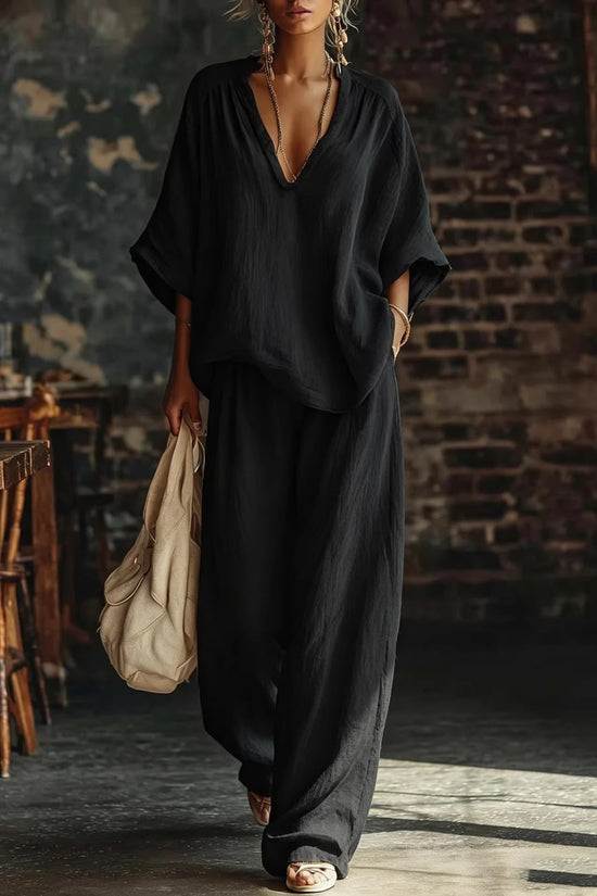 Womens V-neck Loose Short-Sleeve Casual Pants Two-Piece Set 