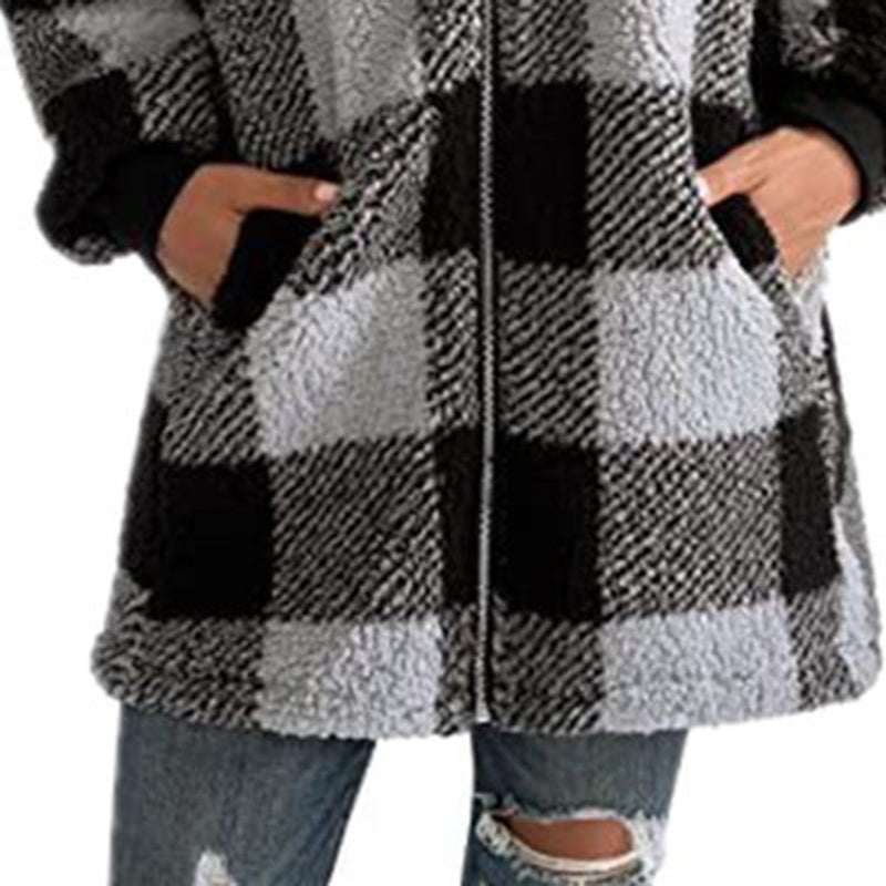 Women's Plaid Hooded Jacket, Long Sleeve Zip Up Oversized Coat With Pockets For Winter Casual And Commute CJ US