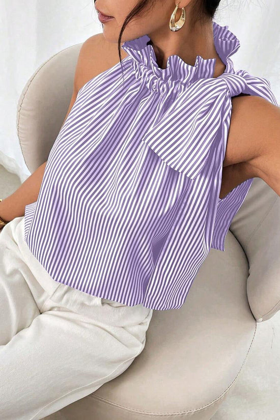 Fashionable Casual Sleeveless Striped Lace Trim High Neck Tie Knot T-Shirt Top 