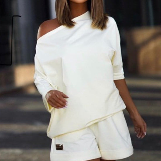 Fashionable Women's Hoodie Pants Set, One-Shoulder Wide Sleeve Loose Two-Piece Outfit 