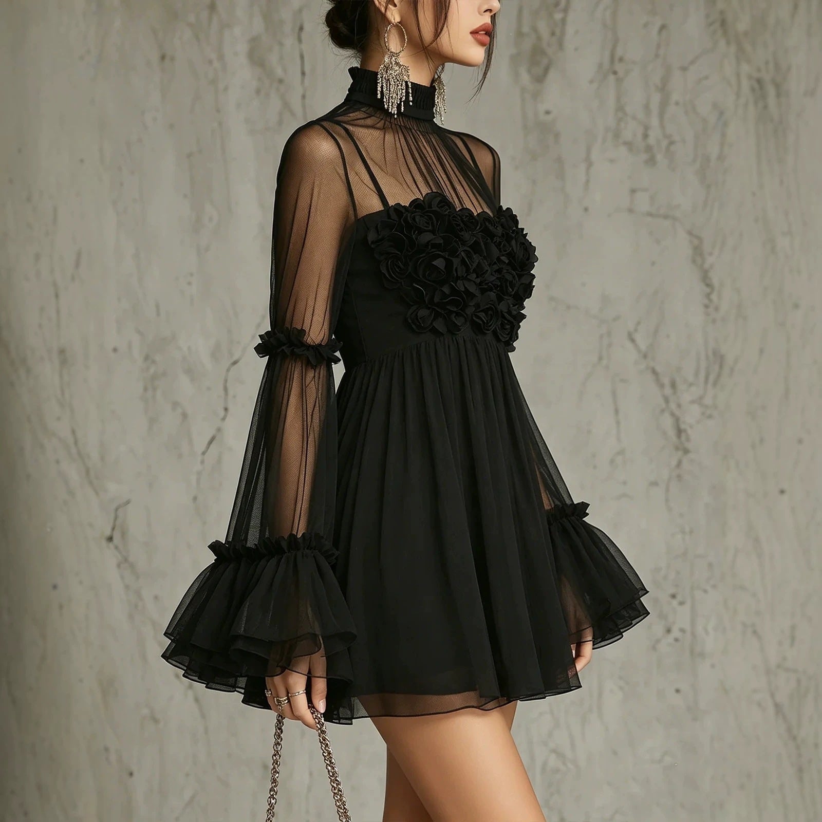 Floral Embroidered Sheer Lace Dress with High Neck and Flared Sleeve 