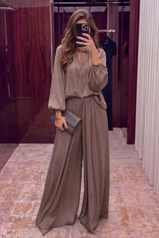 Solid color V-neck lace up loose pants set for women 