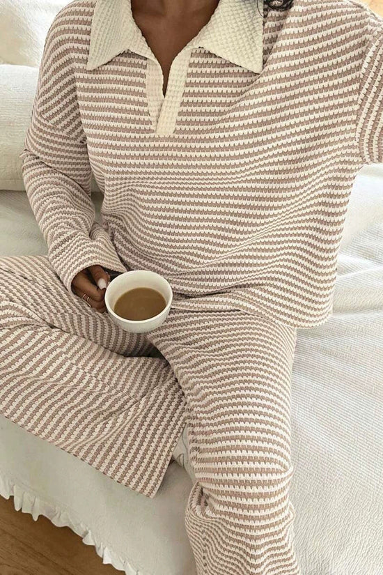 Long sleeved contrasting striped wide leg pants set 