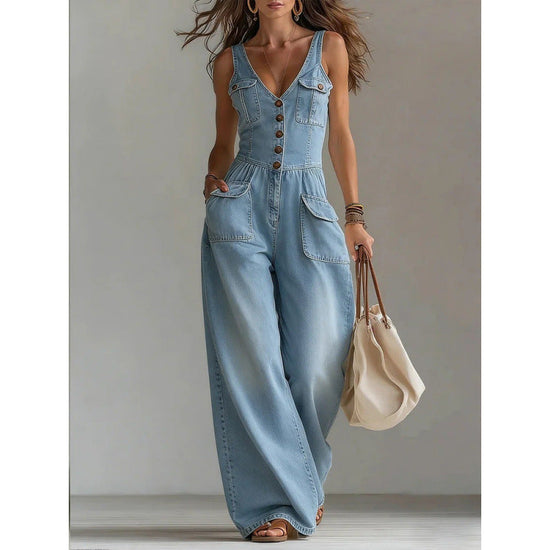Washed Denim Straight Loose Sleeveless Strap Jumpsuit 