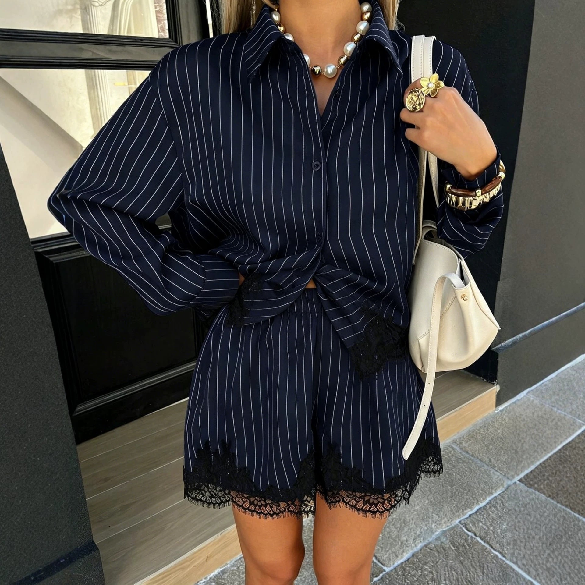 Women's striped shirt drawstring shorts set 