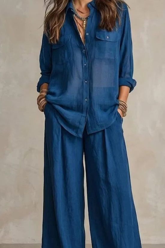 Chic Linen Set for Women, Breathable Lightweight Long Sleeve Shirt with Drapey Wide-Leg Pants, Vacation Style Casual Outfit 