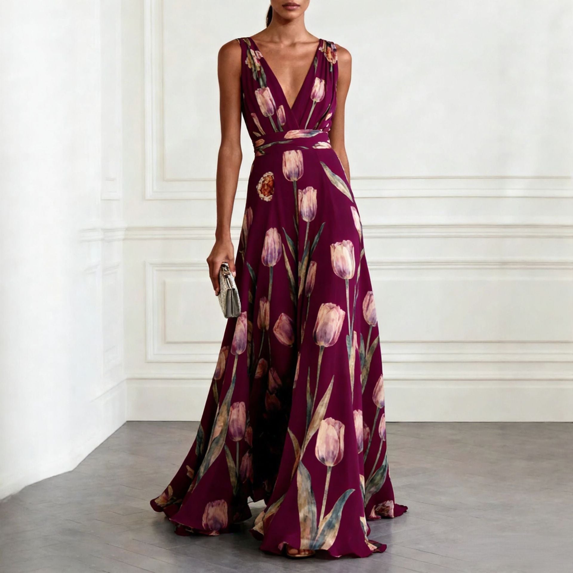 Tulip Print Evening Dress for Women Sleeveless V-Neck Long Dress 
