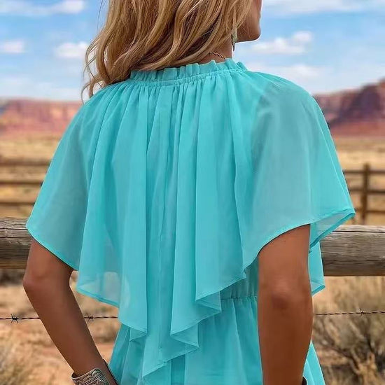 Style Cross V-Neck Pleated Ruffle Flare Sleeve Chiffon Top with Waist-Cinching Irregular Hem Slim Fit Blouse 
