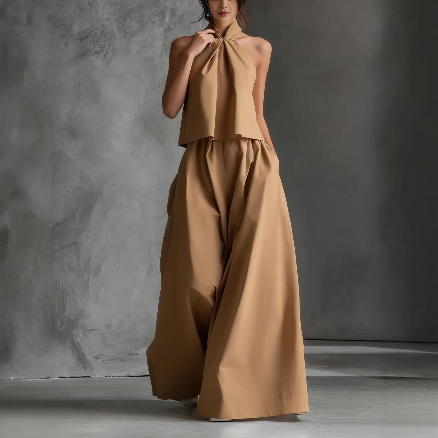 Loose Sleeveless Top High-Waisted Wide-Leg Pants Two-Piece Set for Women 