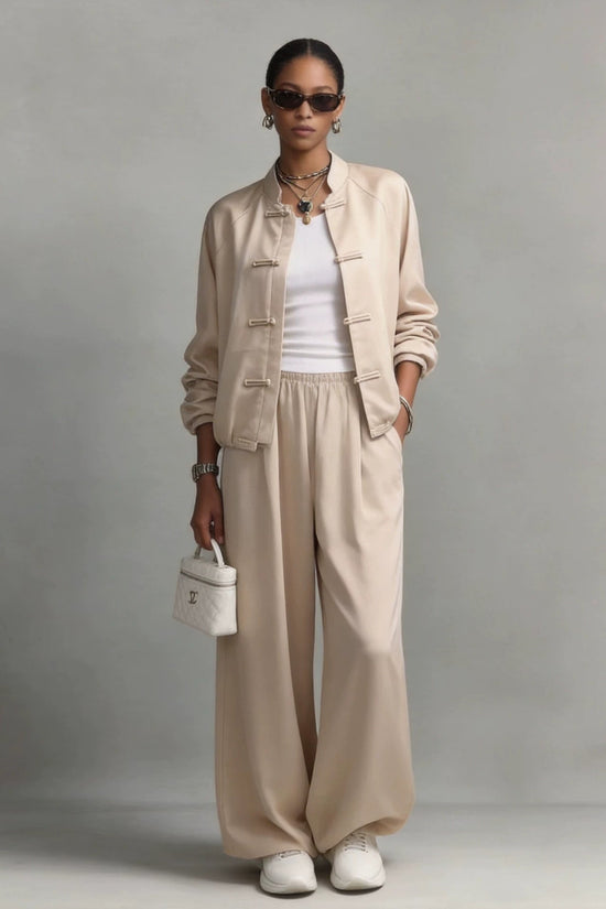 Satin set with hanging wide leg pants and drawstring two-piece set 