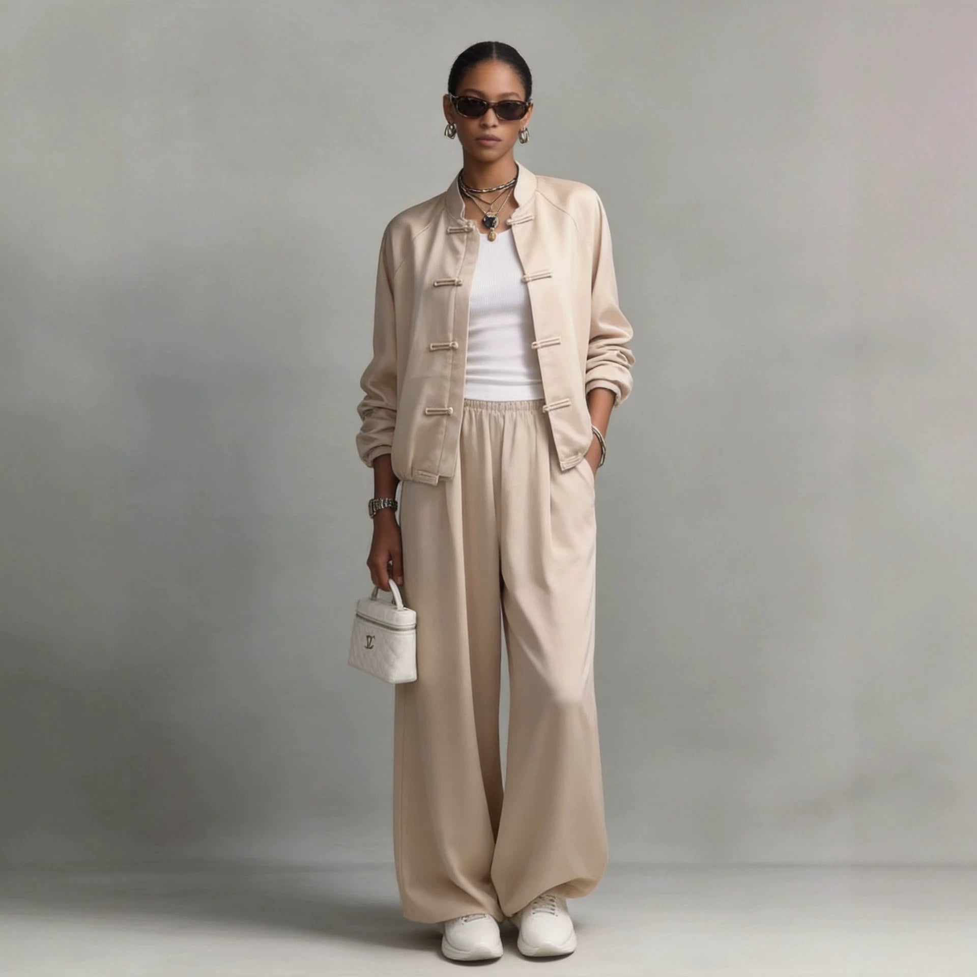 Satin set with hanging wide leg pants and drawstring two-piece set 