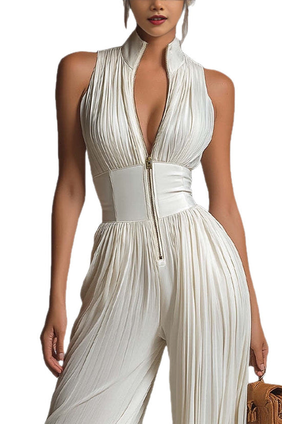 White Pleated Strap Neck Jumpsuit for Women, Long Wide Leg Fashion Sexy Folded Design 