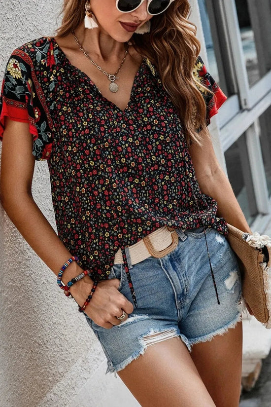 Printed Tie Neck Short Sleeve Blouse 
