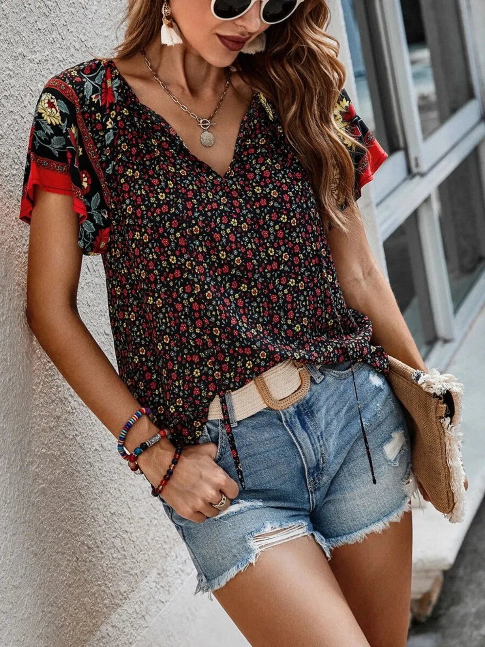 Printed Tie Neck Short Sleeve Blouse 