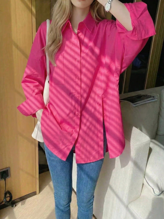 New women's solid color long sleeved shirt with button side slit 