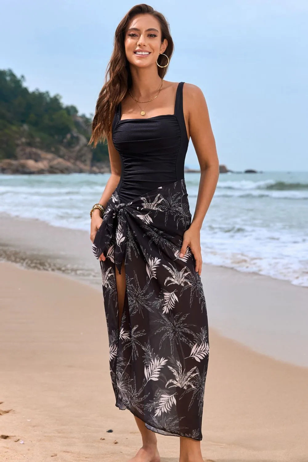 Square Neck Printed One-Piece Swimwear and Cover Up Swim Set eprolo