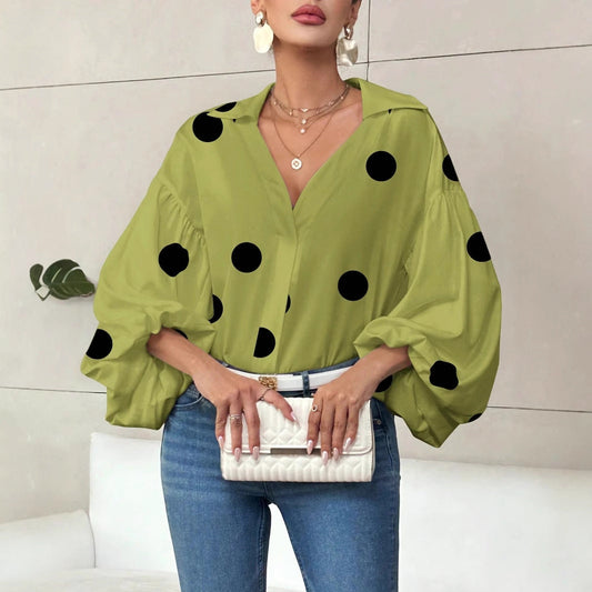 Polka Dot Half-Open Neck Loose Bubble Sleeve Long Sleeve Top 