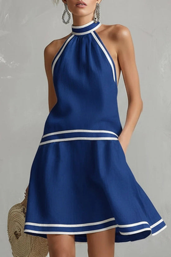 Choker Neck Fashion Short Dress with Striped Trim, Comfortable Sleeveless Fitted Dress 