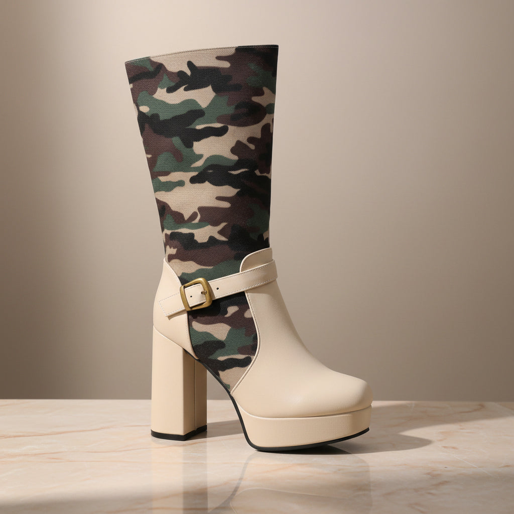 Fashion Punk Style Camouflage High-Cut Women's Boots with Thick Heel and Platform Made to order, ships in 7 days 