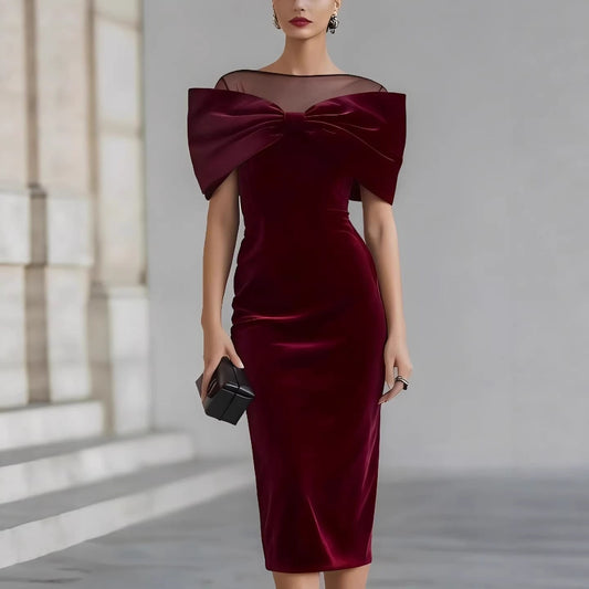 Chic Office Women's One-Shoulder Off-the-Shoulder Velvet Dress with Gold Thread 