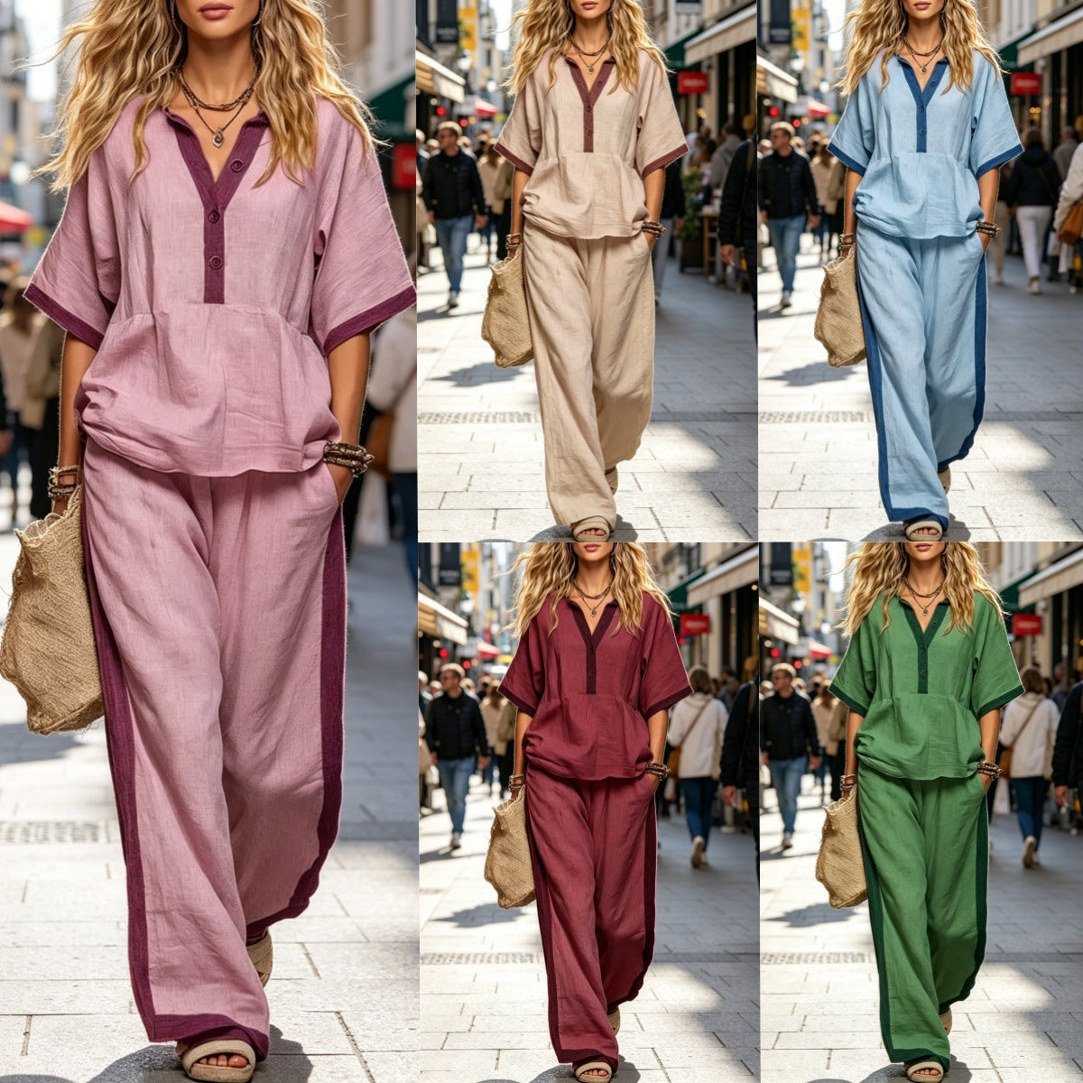 Casual Loose Solid Color Top with V-Neck and Three-Quarter Sleeves  Elastic Waist Loose Wide-Leg Pants Solid Color Set for Women 