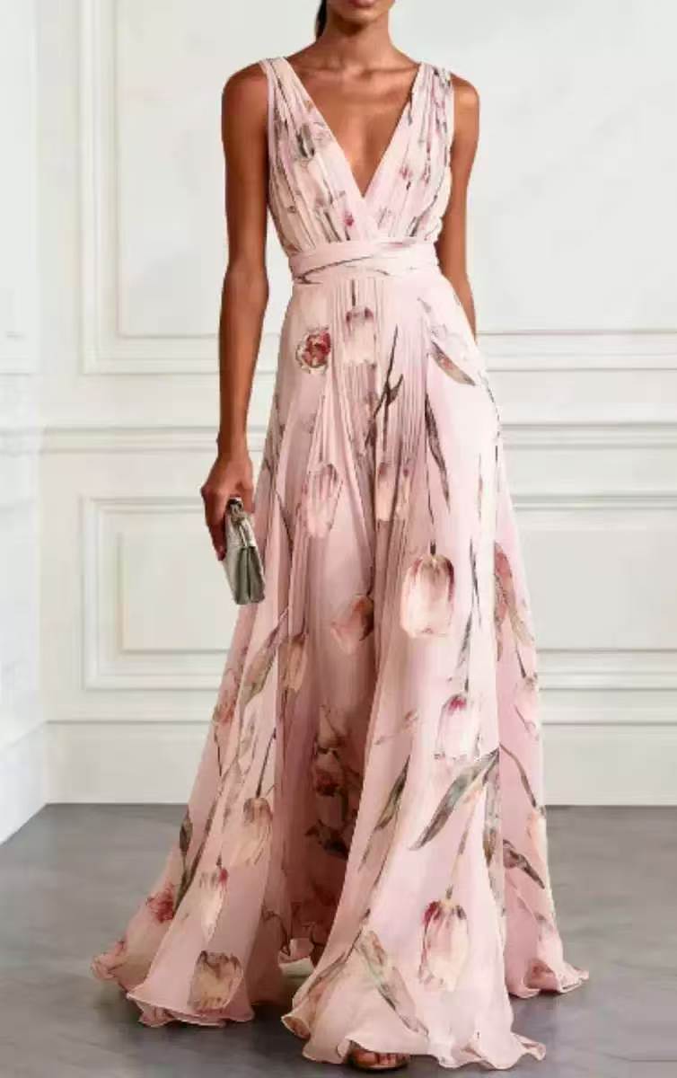 Tulip Print Evening Dress for Women Sleeveless V-Neck Long Dress 
