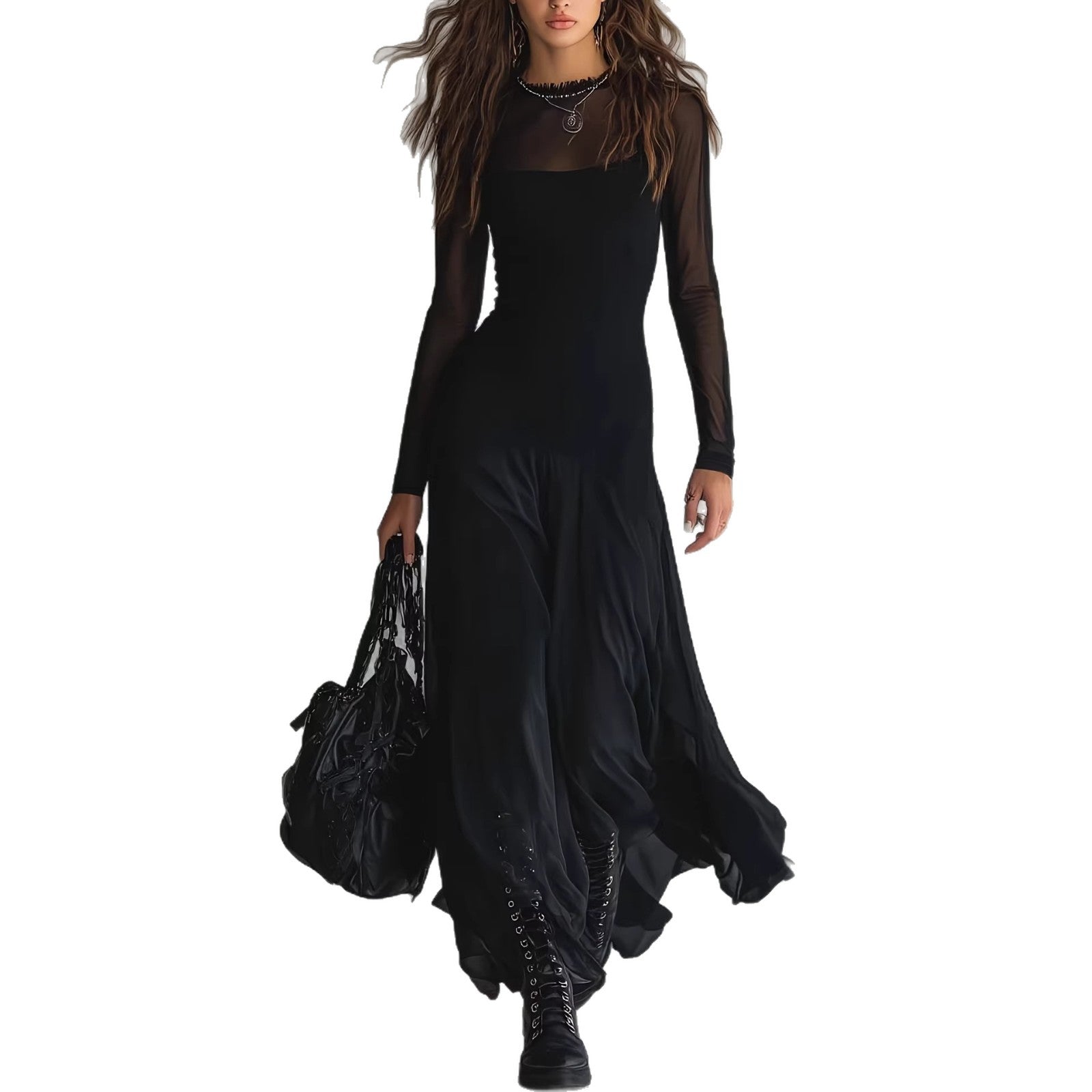Elegant women's black see through mesh long sleeved dress 