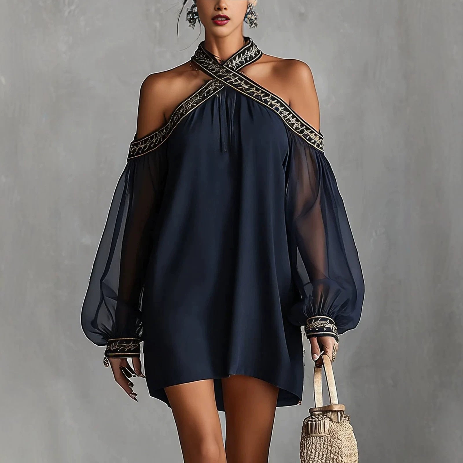 Fashion Design Embroidered Strapless Dress with Off-Shoulder Sheer Lantern Sleeve Loose Slimming Resort Style 