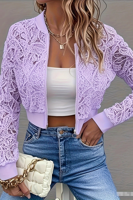 Women's Elegant Lace Short Zip-Up Long Sleeve Jacket Spring Fall Top 