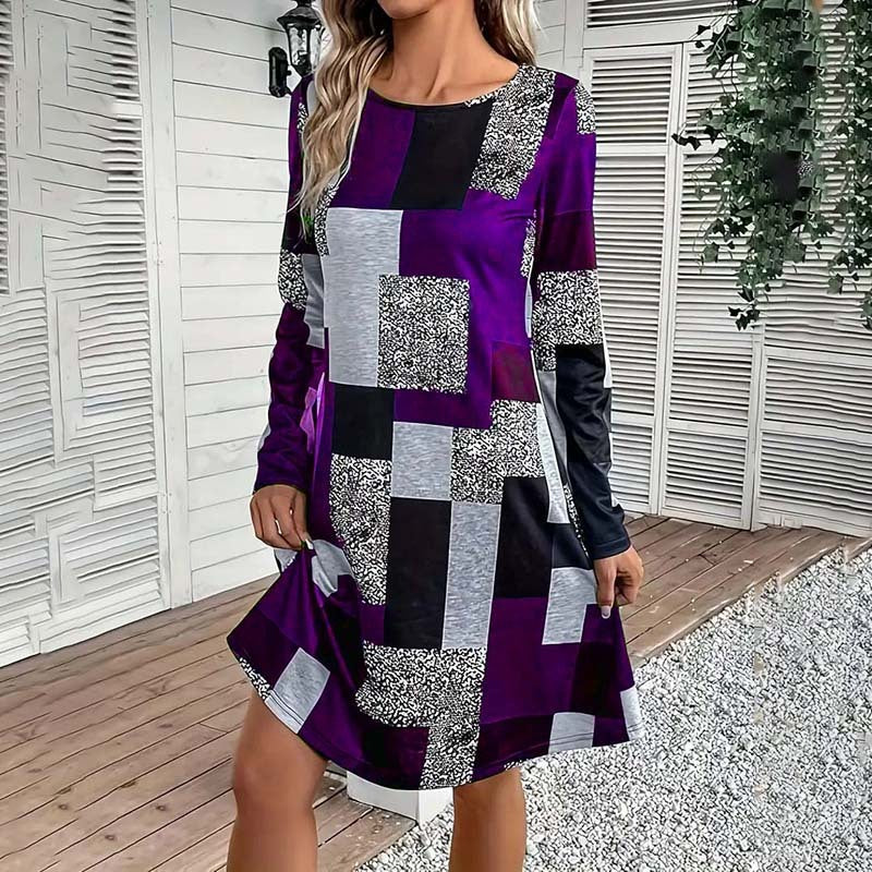 Women's Round Neck Long Sleeve Dress - Digital Print Casual Elegant Spring & Fall Dress CJ US
