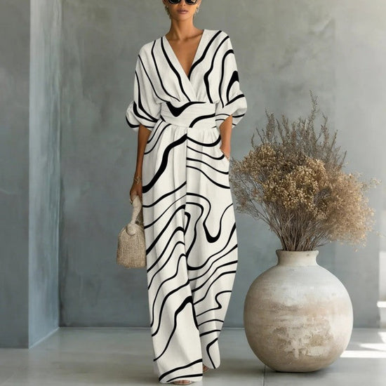 Waist-cinched V-neck Printed Womens Jumpsuit 