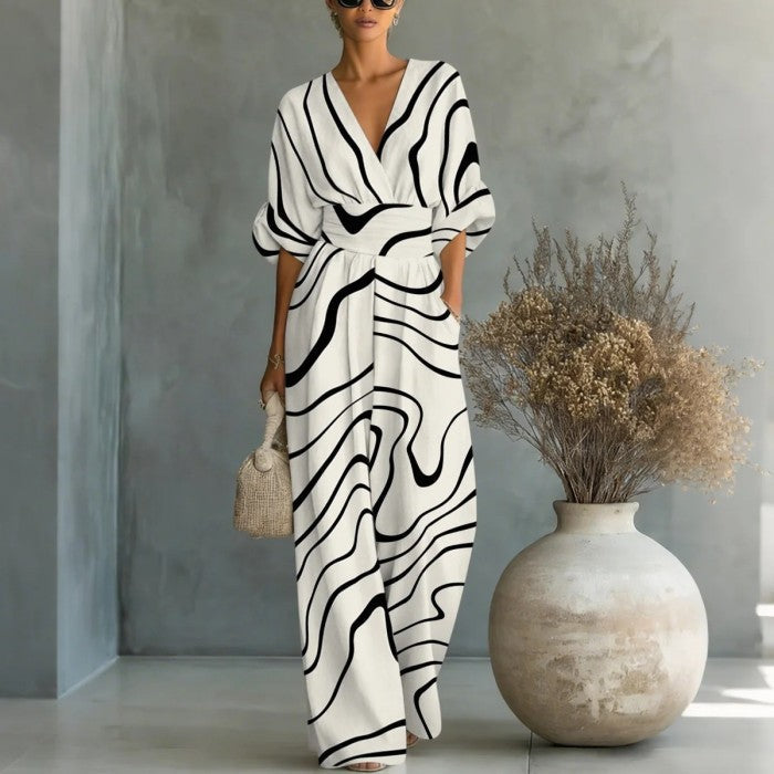 Waist-cinched V-neck Printed Womens Jumpsuit 