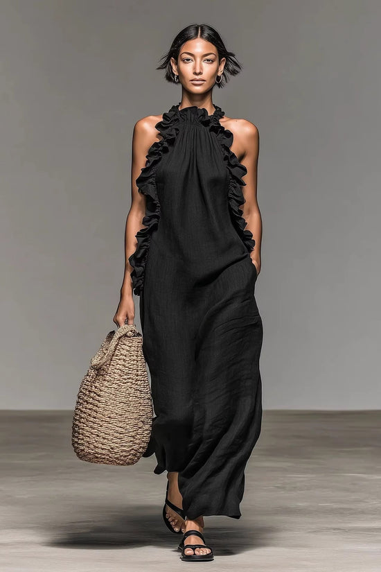 Resort-style Ruffled Halterneck Sleeveless Dress Loose-fitting And Figure-flattering Maxi Skirt 